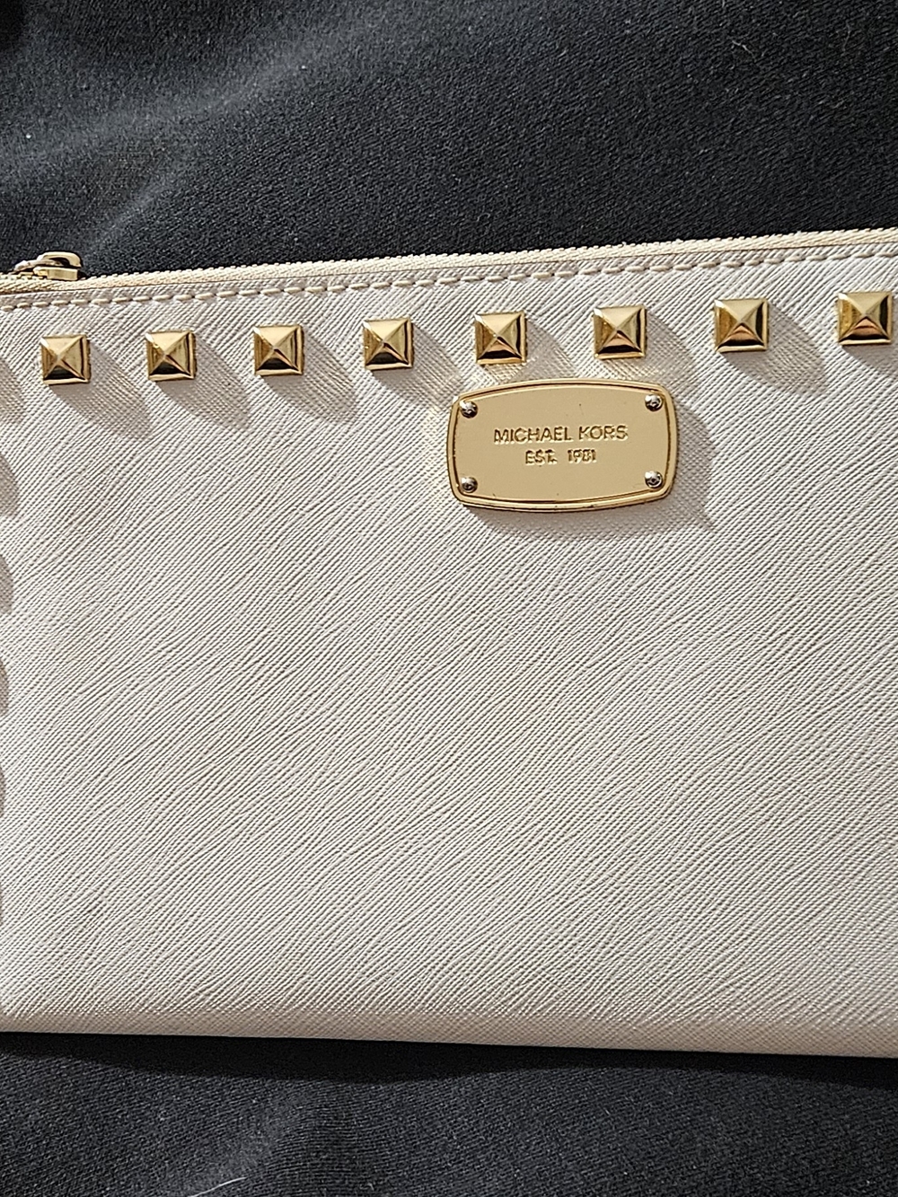 Michael Kors Ivory Saffiano Leather Studded Wristlet with Gold Accents